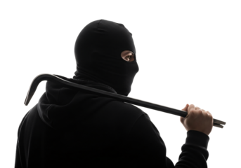 Criminal wearing a black balaclava mask holding a crowbar over his shoulder isolated on transparent background