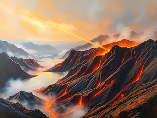 Striking landscape of volcanic mountains with rivers of lava and ethereal light beams