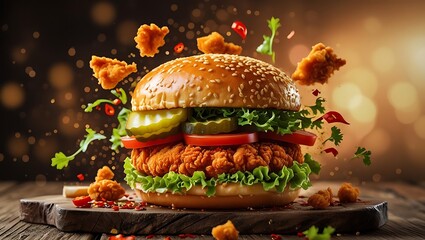 Juicy fried chicken burger with pickles tomatoes lettuce and flying crispy chicken pieces image