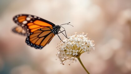 Fototapeta premium A Monarch Butterfly Visits A White Flower, Delicate Wings Gently Touching The Petals, Against a Soft, Dreamy, Light Filled Background
