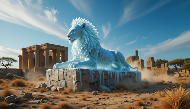 Majestic ice lion sculpture resting on a stone pedestal in a desert landscape with ancient ruins under a dramatic sky