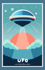 UFO, unidentified flying object in retro poster style. Mysterious flying disk in the sky, alien life concept, space, science fiction, vintage design vector