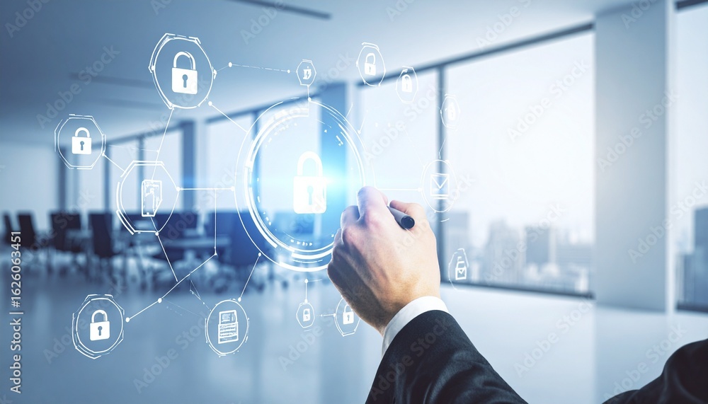 Poster businessman explaining cyber security on a virtual touchscreen interfa