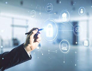 Hand drawing cybersecurity diagram on a futuristic touchscreen interfa