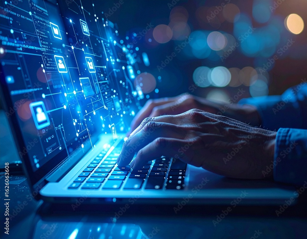 Aufkleber hands typing on laptop with glowing digital data visualizations around