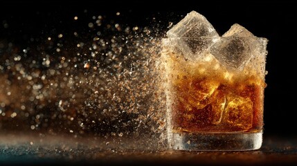 A whiskey cocktail, splash and droplets frozen in motion