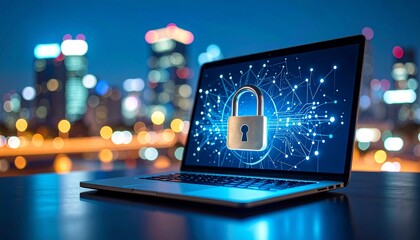 Digital lock icon displayed on laptop with cityscape background