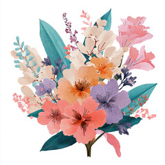 A vibrant and beautiful watercolor-style floral bouquet with a modern, artistic flair, featuring a colorful mix of flowers and leaves, isolated on a white background.
