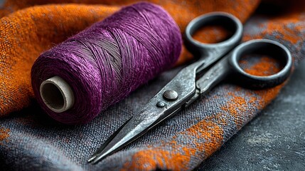 Close-up of purple thread spool and vintage scissors on fabric.