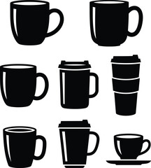 Obraz premium Seven Stylized Coffee Cup Silhouettes — Black Icons Featuring Handled Mugs, Disposable Stacks, and Saucers Representing Beverage Variety and Everyday Rituals
