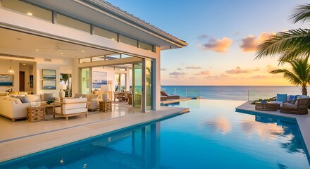 Obraz premium Tropical paradise villa with infinity pool merging with the ocean at sunset creating ultimate