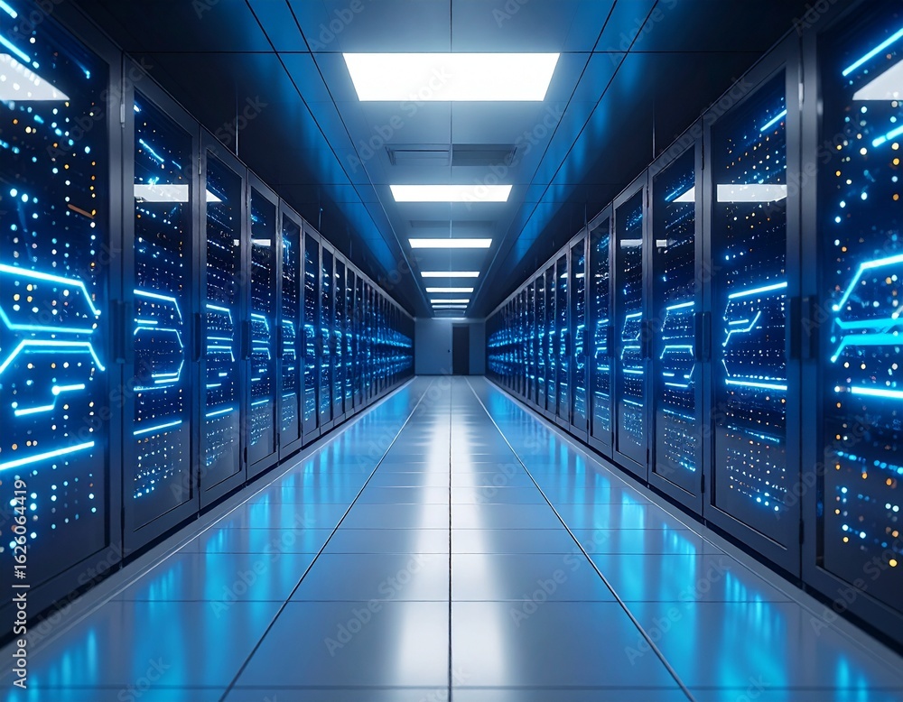 Poster futuristic server room with illuminated servers in a sleek design