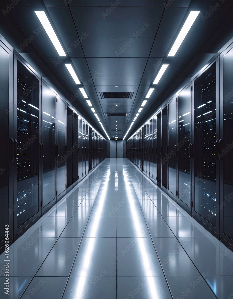 Poster modern data center corridor with symmetrical lighting and reflections