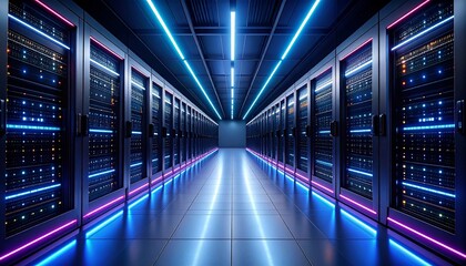 Futuristic server room with glowing neon lights and rows of servers