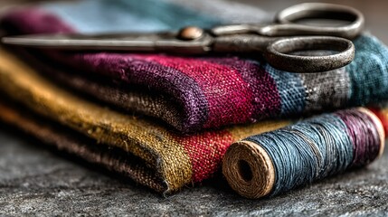 Colorful fabric swatches and sewing tools on a dark surface.
