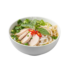 Steaming authentic Vietnamese Pho Ga in a white ceramic bowl with tender chicken, rice noodles, broth, fresh herbs, chili, and sprouts on a pristine transparent background, culinary delight concept