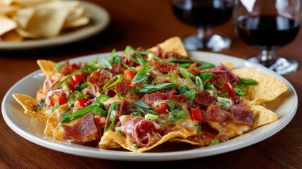 Loaded nachos with bacon, cheese, peppers, and green onions in a restaurant setting