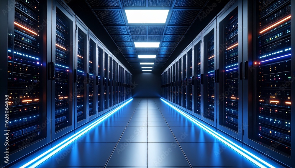 Poster high-tech server room with illuminated racks and futuristic design