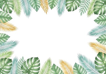Watercolor tropical foliage frame with monstera and palm leaves offers natural elegance