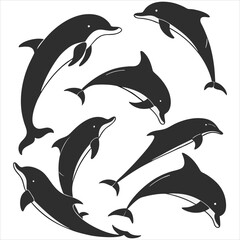 Fototapeta premium Dolphin vector. Dolphin cartoon sea animal icon. Bottlenose Dolphin. Dolphin peeking out of water. Dolphin Isolated. Dolphin jump out of the water in sea. Dolphins Jumping From The Sea. 