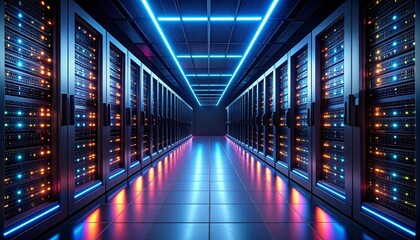 Dramatic view of a server room at night with colorful lights and shado