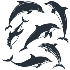 Obraz premium Dolphin vector. Dolphin cartoon sea animal icon. Bottlenose Dolphin. Dolphin peeking out of water. Dolphin Isolated. Dolphin jump out of the water in sea. Dolphins Jumping From The Sea. 