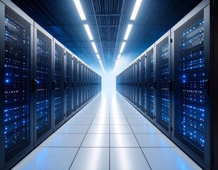 Modern server room with rows of cabinets illuminated in blue light