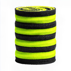A stack of five vibrant, striped yellow and black foam hair rollers, a classic and simple tool for creating curls and waves, isolated on a clean white background.
