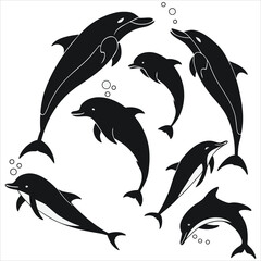 Naklejka premium Dolphin vector. Dolphin cartoon sea animal icon. Bottlenose Dolphin. Dolphin peeking out of water. Dolphin Isolated. Dolphin jump out of the water in sea. Dolphins Jumping From The Sea. 