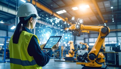 Young engineer using tablet in factory with robotic arm technology