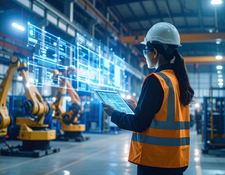 Engineer using tablet to oversee robotic automation in warehouse - Powered by Adobe