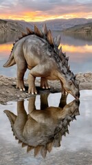 Spiked dinosaur drinking at sunset by a lake with stunning mountain reflection