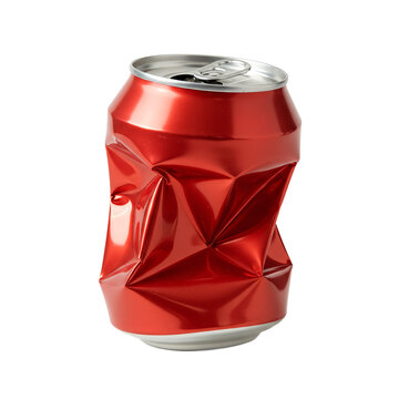 A crushed red aluminum soda can with a crumpled metallic surface isolated on transparent background