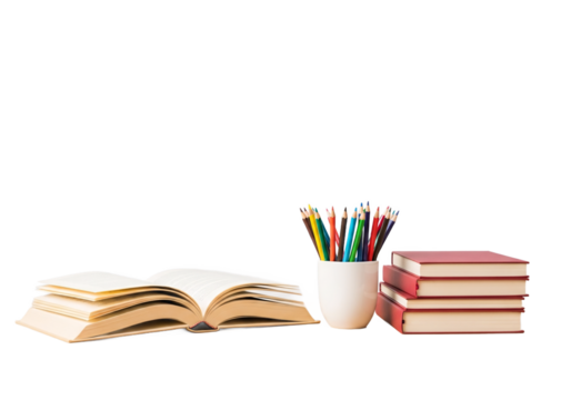 Open book and stack of books with colorful pens in a cup representing education and learning isolated on transparent background