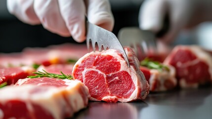 Close-up of fresh raw meat slices with rosemary on cutting board. National Mincemeat Day