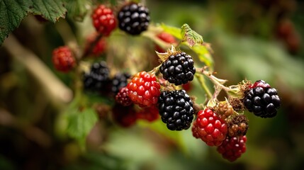 Blackberry fruit growing on a bush, close-up showing berries in stages from green to red and purple, set against a blurred natural background, capturing the ripening process in a real outdoor scene.