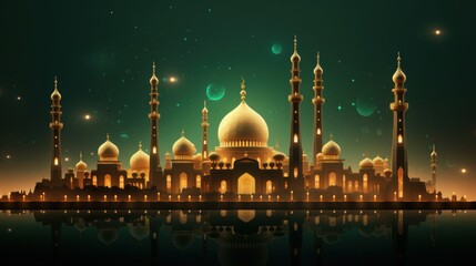 Golden illuminated mosque at night with starry sky and reflections. Mawlid al-Nabi Islamic