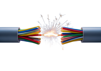 Close up of a damaged electrical cable with sparking wires creating a bright flash of light isolated on transparent background