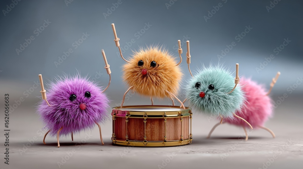Poster colorful fluffy creatures with expressive faces playing drums, creating a lively atmosphere, showcas