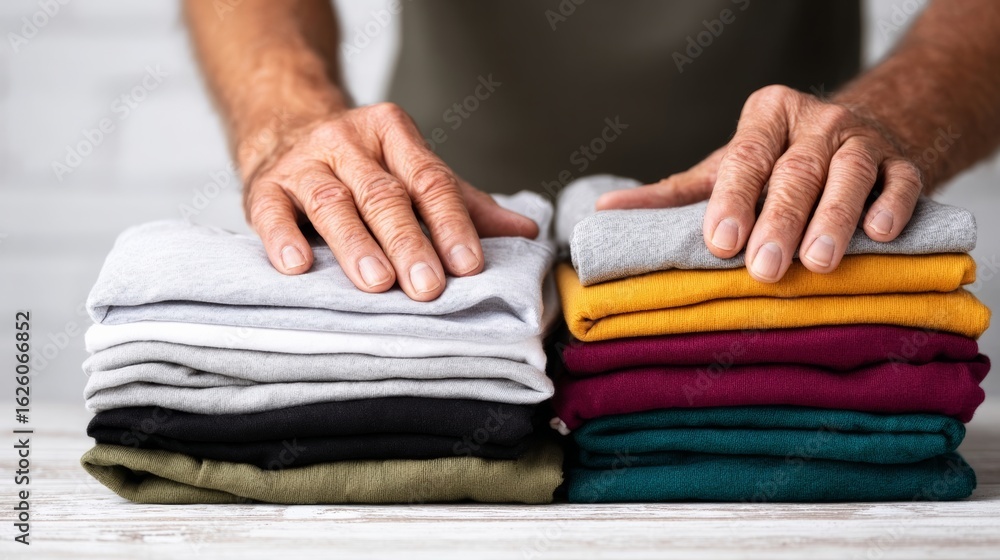 Poster hands of a person arranging neatly folded clothing in various colors, showcasing a tidy workspace wi