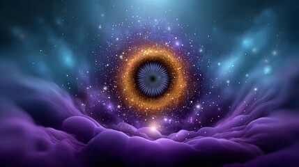 Cosmic vortex illustration featuring swirling clouds of purple and blue hues, surrounded by sparkling stars and a radiant golden center, creating a mesmerizing celestial atmosphere