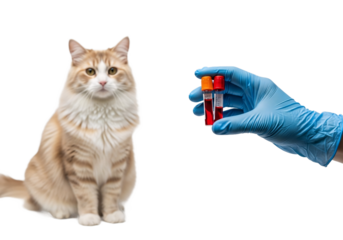 A fluffy ginger and white cat sits patiently next to a gloved hand holding a blood sample vial isolated on transparent background