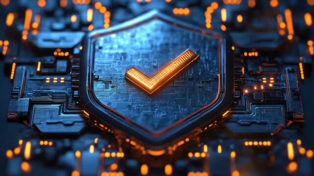 Digital security shield with glowing checkmark and futuristic circuit technology, symbolizing trust, protection, and advanced digital technology in secure electronic environment