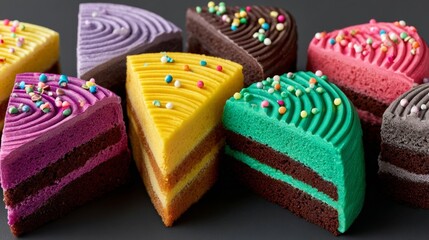 Colorful slices of layered cake arranged artistically on a dark surface, showcasing vibrant frosting, unique textures, and playful sprinkles, perfect for dessert lovers and culinary enthusiasts