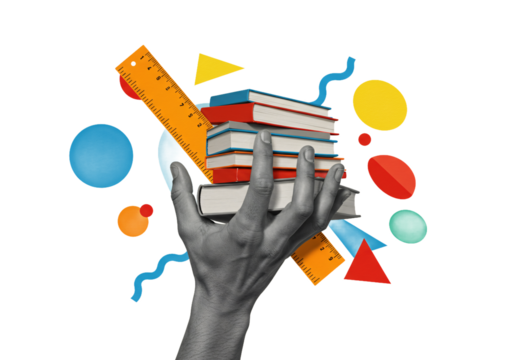 Human hand holding a stack of colorful books surrounded by abstract geometric shapes and school supplies isolated on transparent background