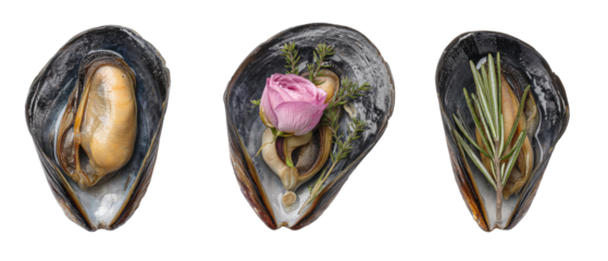 Three mussel shells, each with a different garnish