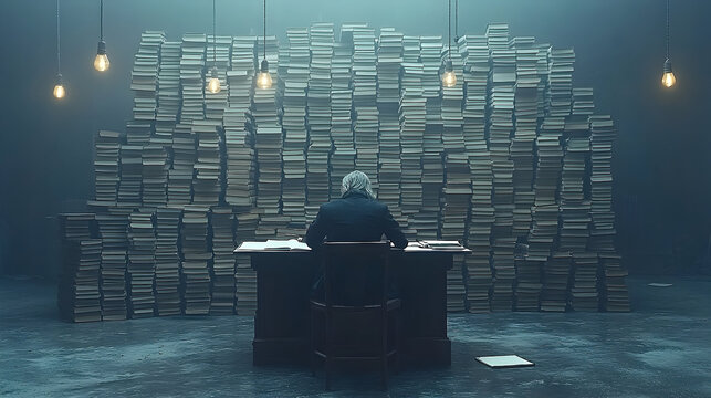 Person studying amidst towering bookshelves in dimly lit room
