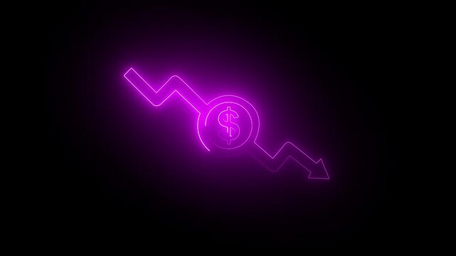 Money loss concepts. Cash down, arrow and dollar stocks graph, market fall. neon down arrow stocks graph. Arrow rising with percent icon representing about Interest rates, income taxes,