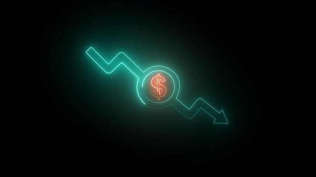 Money loss concepts. Cash down, arrow and dollar stocks graph, market fall. neon down arrow stocks graph. Arrow rising with percent icon representing about Interest rates, income taxes,