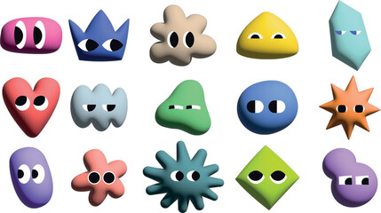 Obraz premium Collection of Vibrant Cartoon Doodle Shapes with Eyes. Various Unique 3D Groovy Forms. Hand-Drawn Vector Illustration for Kids. Adorable and Fun Characters. Individually Crafted Design Elements